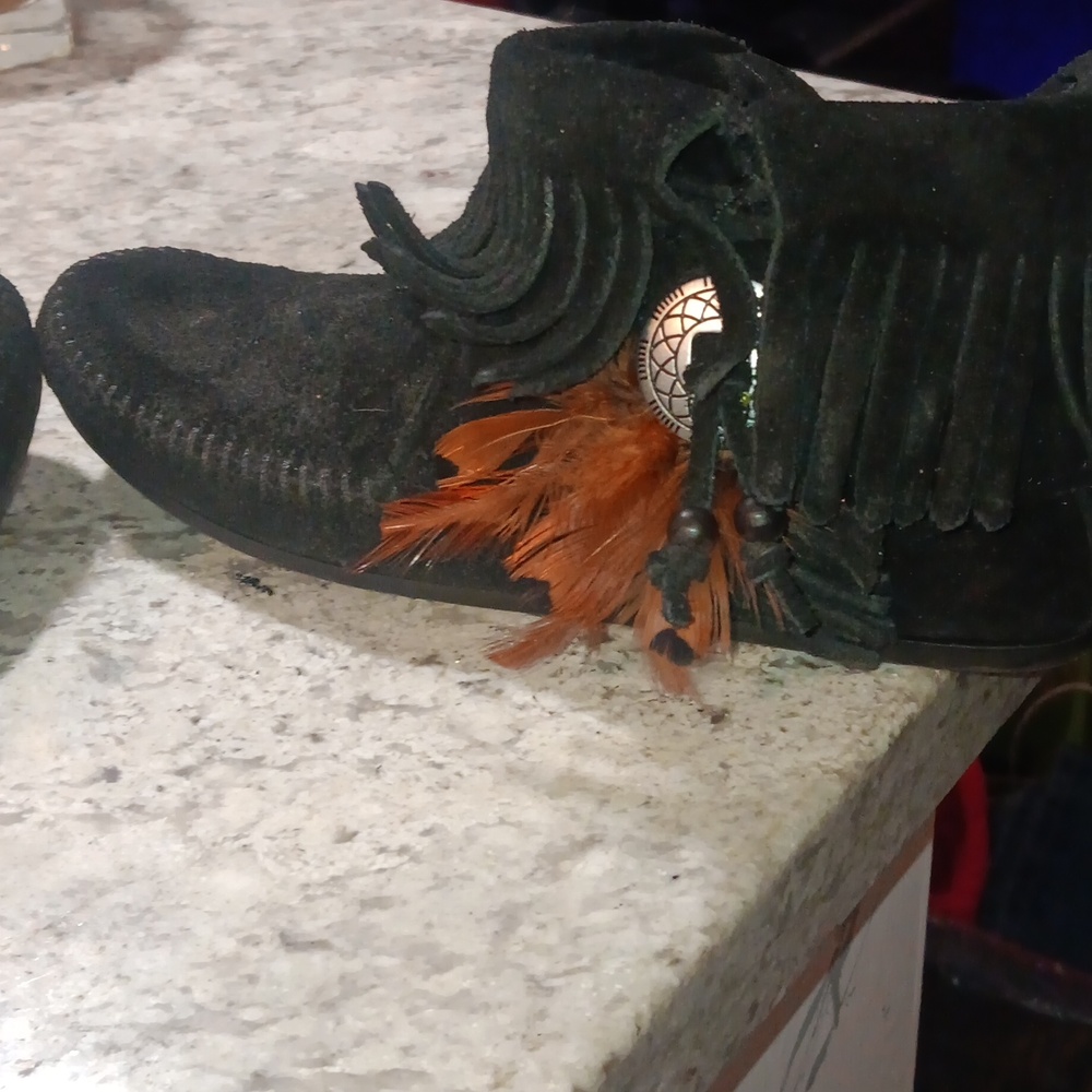 Black Suede Fringe Moccasins with Silver Accent